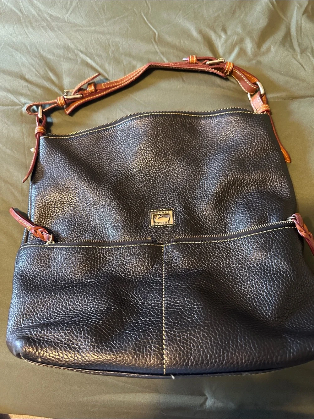 Dooney & Bourke Black Pebbled Leather Shoulder Bag with Brown Trim